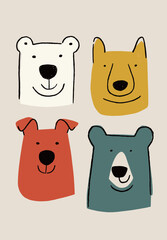 Four cartoon-style bear faces are illustrated in bright colors. Each face features unique expressions and designs, showcasing a playful style that is appealing and fun.