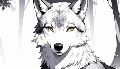 Detailed monochrome illustration presents a wolf with striking yellow eyes in nature.