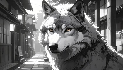 Majestic wolf surveys the monochrome, traditional Japanese street with piercing amber