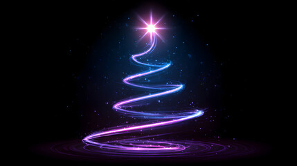 Futuristic neon Christmas tree glowing in starry night sky
