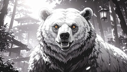 Monochromatic bear with striking amber eyes gazes ahead in a serene forest setting.