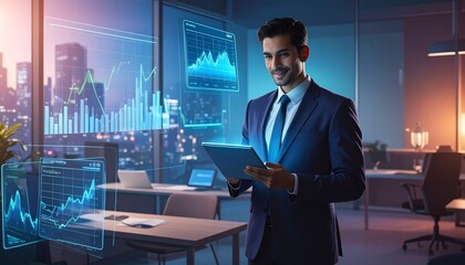 Entrepreneur using a smart tablet with holographic financial dashboards glowing in the air