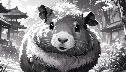 Monochromatic guinea pig with bright eyes posing in front of a Japanese garden scene.