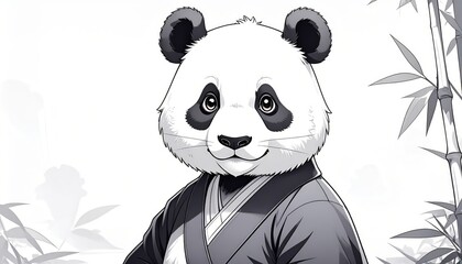 Monochromatic illustration shows a charming panda wearing a traditional robe peacefully