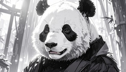 Monochromatic panda portrait displays compelling digital painting with focused gaze in