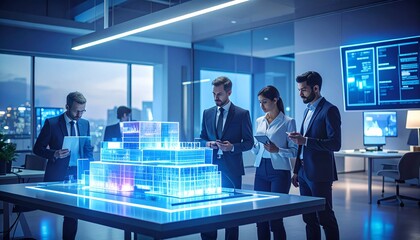 Team of professionals collaborating around a 3D holographic model of a building