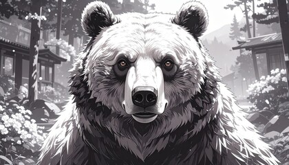 Monochromatic portrait of a majestic bear in a serene forest with artistic rendering.
