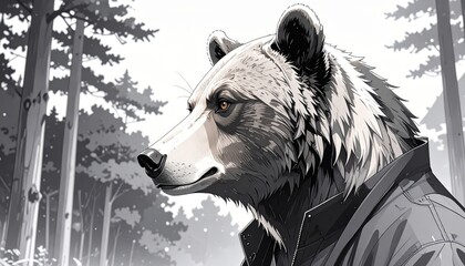 Monochromatic portrait of a bear in a jacket, set against a forest backdrop in black and