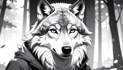 Monochromatic wolf portrait with a hooded jacket stands out against a forest backdrop.