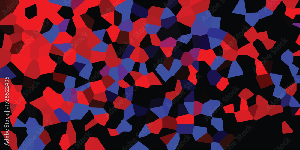 Poster Abstract mosaic design featuring red and blue geometric shapes on a black background creating a dynamic and modern composition for visual appeal