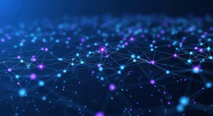 Abstract network background with glowing nodes and connecting lines, creating a futuristic and technological feel in a dark blue color scheme