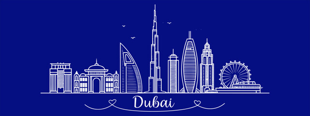 Dubai Skyline Vector Illustration Hand Drawn | Architectural Cityscape Art for Posters, Prints, Branding, Website Design
