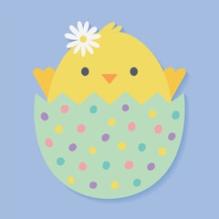 Cute Yellow Chick in Colorful Egg Shell Easter Illustration