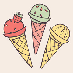 Three ice cream cones with strawberry, green, and yellow flavors on light background
