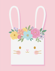 Cute Bunny Face with Floral Crown Spring Easter Illustration