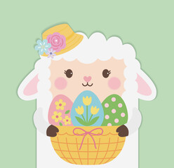 Cute Lamb with Easter Eggs Basket Spring Holiday Illustration