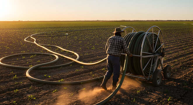 Farmer Operating Irrigation Equipment to Water Crops in an Expansive Agricultural Field during Sunset with Mechanical Tools and Dusty Soil