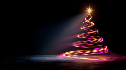 Glowing neon Christmas tree with golden star and pink light spiral on dark festive background
