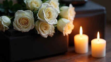 Elegant White Roses Arrangement with Soft Candlelight on a Wooden Surface for Romantic Ambiance and Special Occasions