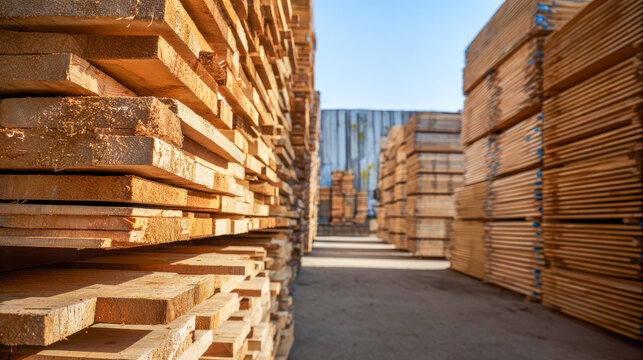 Wooden planks neatly arranged in a sunny lumber yard, showcasing the beauty of natural wood grain and craftsmanship - Powered by Adobe