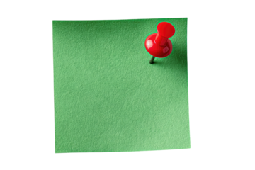 A green sticky note with a red pushpin