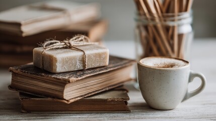 A cozy arrangement of books, a cup of coffee, and a bar of soap, creating a serene and inviting atmosphere for relaxation and self-care.