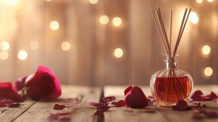 Create a romantic ambiance for Valentines Day with this Aromatic Reed Freshener Diffuser set featuring a bottle and aroma sticks, placed on a wood background under soft lighting.