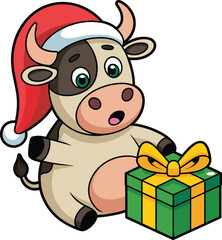 A Cute Cartoon Cow or Ox Wearing a Santa Hat, Looking Surprised and Happy While Opening a Green Christmas Gift Box with a Yellow Bow Vector Art.