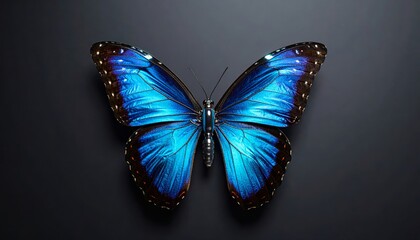A vibrant blue morpho butterfly is isolated against a stark black backdrop.