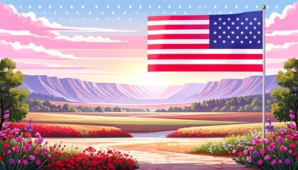 American flag over a scenic landscape at sunrise