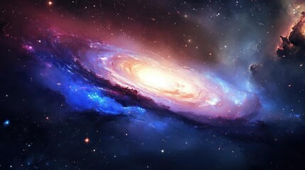 Fototapeta premium Spiral galaxy amidst nebulae in deep space. Vivid colors swirl in cosmic expanse