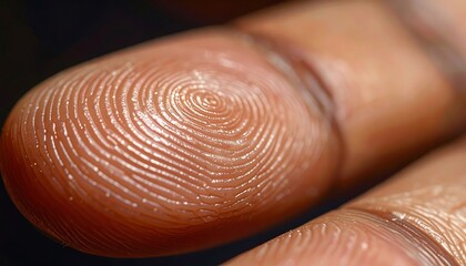 Closeup of a fingertip capturing a unique fingerprint pattern, suitable for concepts related to security, identity, technology, and personalization.