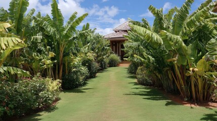 Fototapeta premium Lush Tropical Pathway Surrounded by Vibrant Green Foliage and Serenity in a Peaceful Garden Paradise with Blue Sky and Natural Light