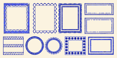 Collection of hand drawn blue decorative frames and borders with various patterns and shapes