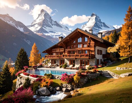 Luxurious chalet nestled on a cliffside, overlooking a scenic valley and majestic snow-capped mountains