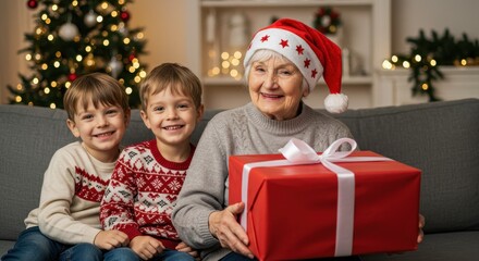 Joyous Christmas Celebration with Happy Children and Grandparent Sharing a Gift Together in Festive Living Room