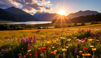 Vibrant sunset over a serene lake and a field of wildflowers, nestled amidst majestic mountains