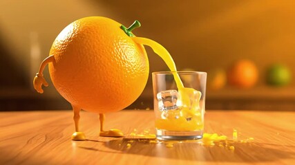 Surreal animated orange with cartoon legs pouring juice into glass cinematic shot
