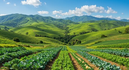 Lush Green Hills with Rows of Vegetables Under Blue Sky and White Clouds in Scenic Farmland Landscape