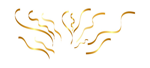 Golden Streamers and Ribbons Set, Festive Party Confetti on Transparent Background
