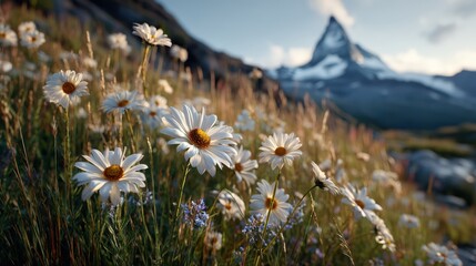 Alpine Daisies Blooming with Matterhorn Mountain in Summer Landscape