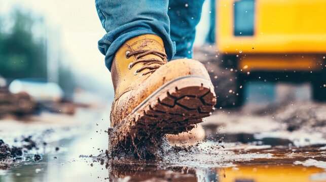 Close-up of work boots walking through mud