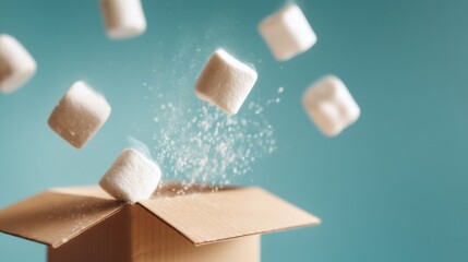 Obraz premium Whimsical Scene of Sugar Cubes Flying Out of a Cardboard Box Against a Soft Blue Background Creating a Playful and Fun Atmosphere of Sweetness