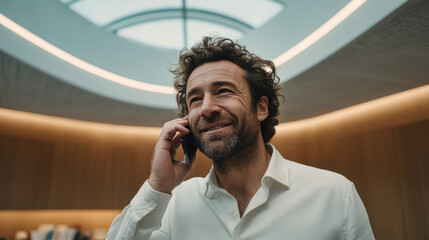 Confident Businessman Talking on Smartphone Inside Modern Office Setting