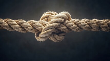 Fototapeta premium Close-up of a complex knot tied in a thick rope, against a dark backdrop