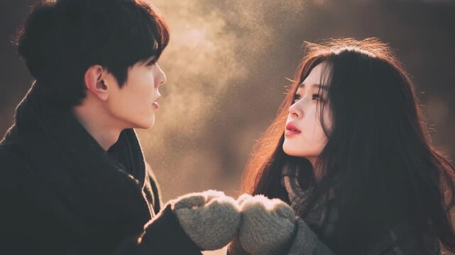 Two people in warm clothing and mittens exhale visible breath in the cold air, leaning close in a quiet moment.
