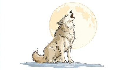 A light-furred wolf howls towards a large, full moon against a stark white background, some snow present