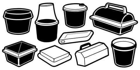 A collection of realistic white foam food containers, shown from various angles including top view, side view, and perspective view. Some containers are closed, while others are open showing the insid