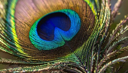 Obraz premium Close up of a vibrant iridescent peacock feather perfect for adding a pop of color and elegance to design projects.