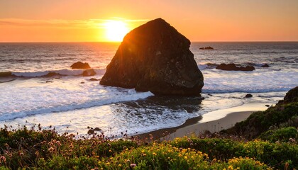 Coastal sunset over a rocky shore